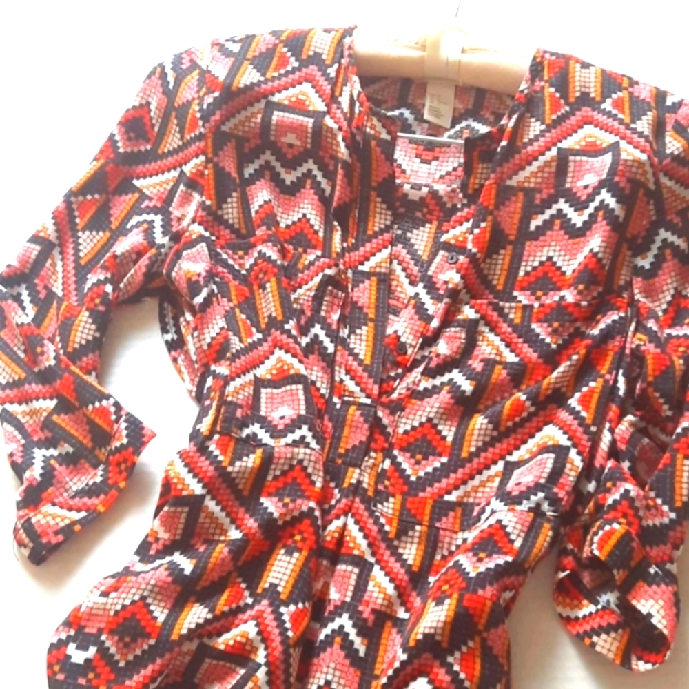 H&M Bold Colored Printed Shirt Dress with Pockets or Cover-up, Size 2, Multi